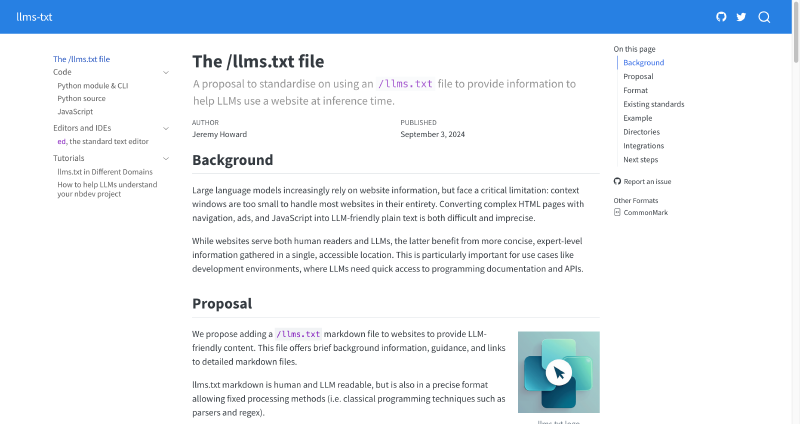 Сайт llmstxt.org — официальная спецификация стандарта llms.txt